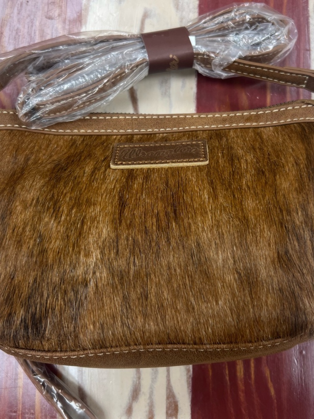 Wrangler Tan/Brown Hair on Crossbody Bag with Leather Trim purse western Rodeo